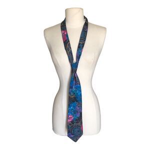 Vintage Lorenzo Selini Quirky Blue Floral With Pink Purple Gold Black Design Tie